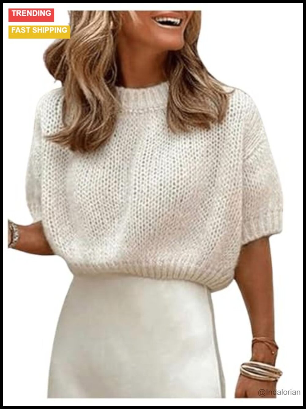 Puff Short Sleeve Crop Sweater Pullover Crew Neck Casual